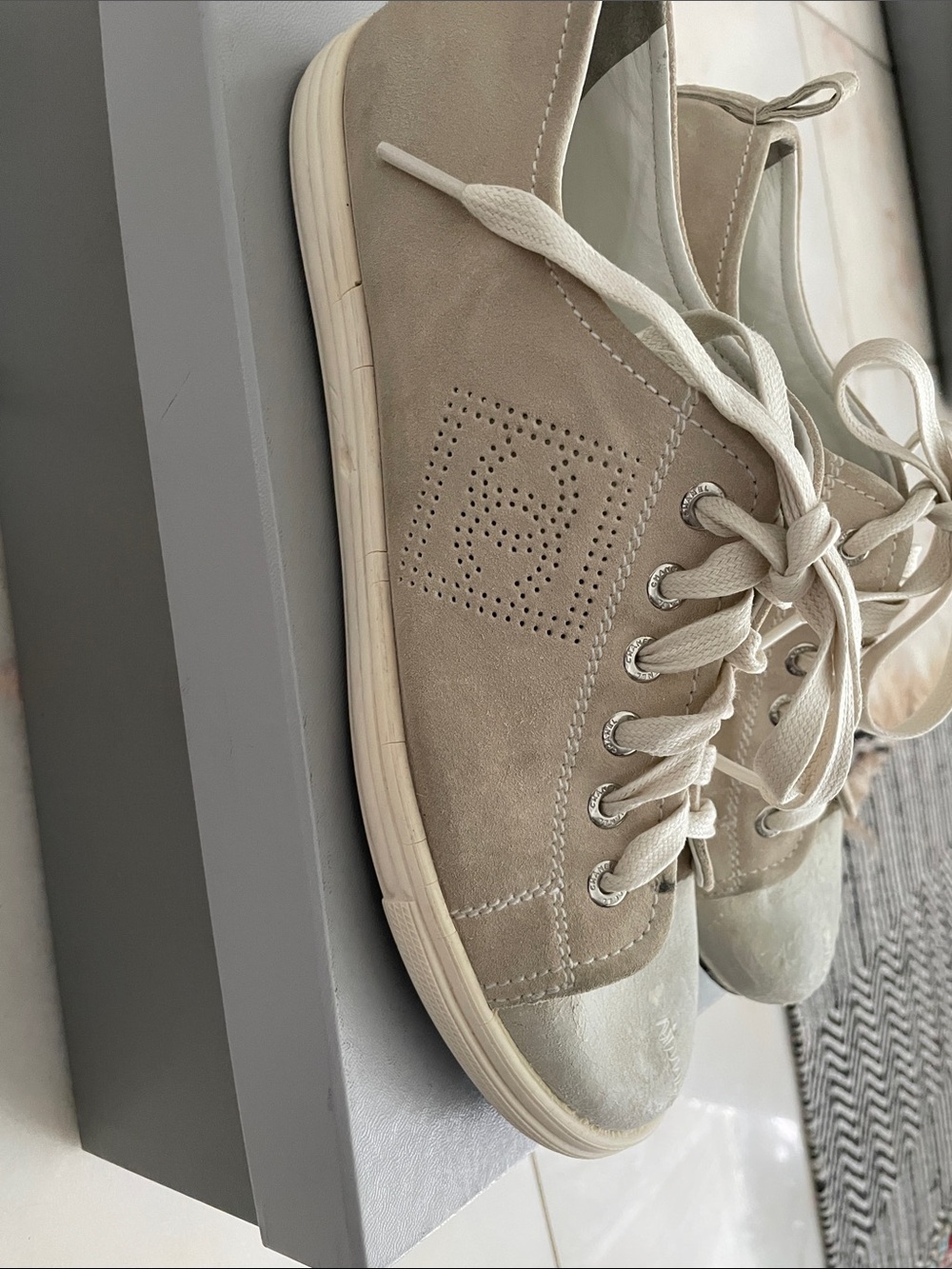 CHANEL Beige Suede Lace-Up Sneakers with White Accents